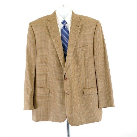 Lauren Ralph Lauren Wool Silk Brown Tan Hounstooth W/ Blue Windowpane 48L SPort - Picture 4 of 12